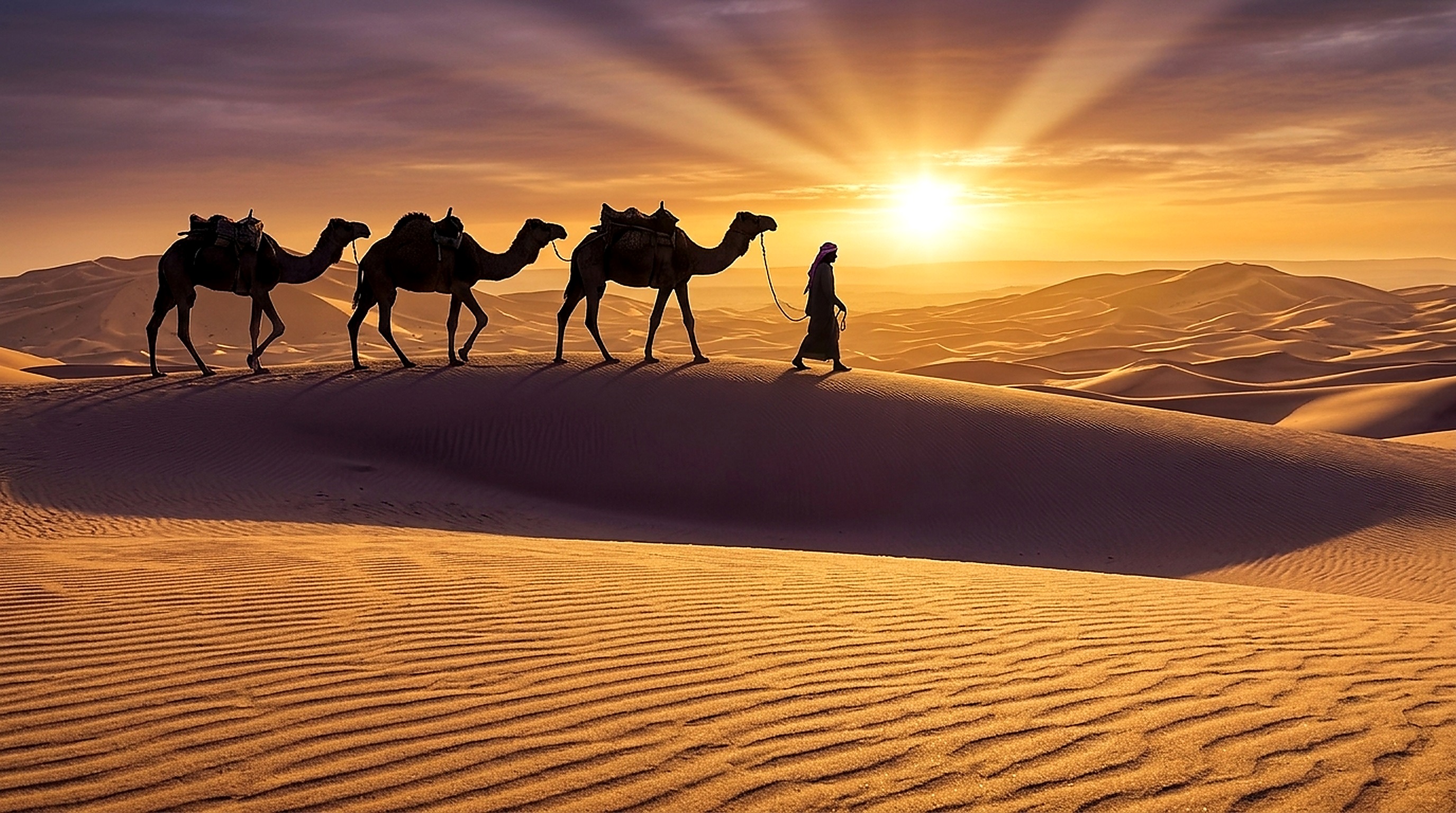 Dubai Arabian Desert Camel Caravan Sunset 8K